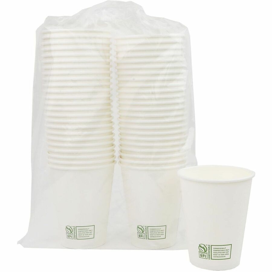 Genuine Joe BPI Certified Compostable Paper Cups - 12 fl oz - Leak Proof Closure - White - Paper, Polylactic Acid (PLA)