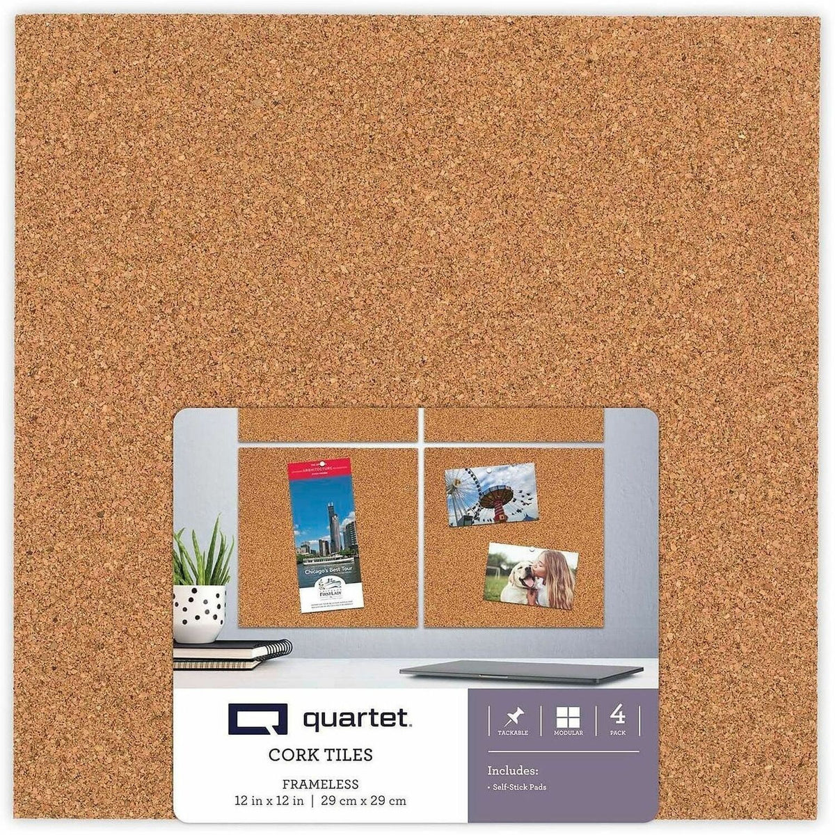 Quartet Frameless Modular Cork Tiles - 12" Board Height x 12" Board Width x 0.37" Board Depth - Brown Natural Cork Surfa