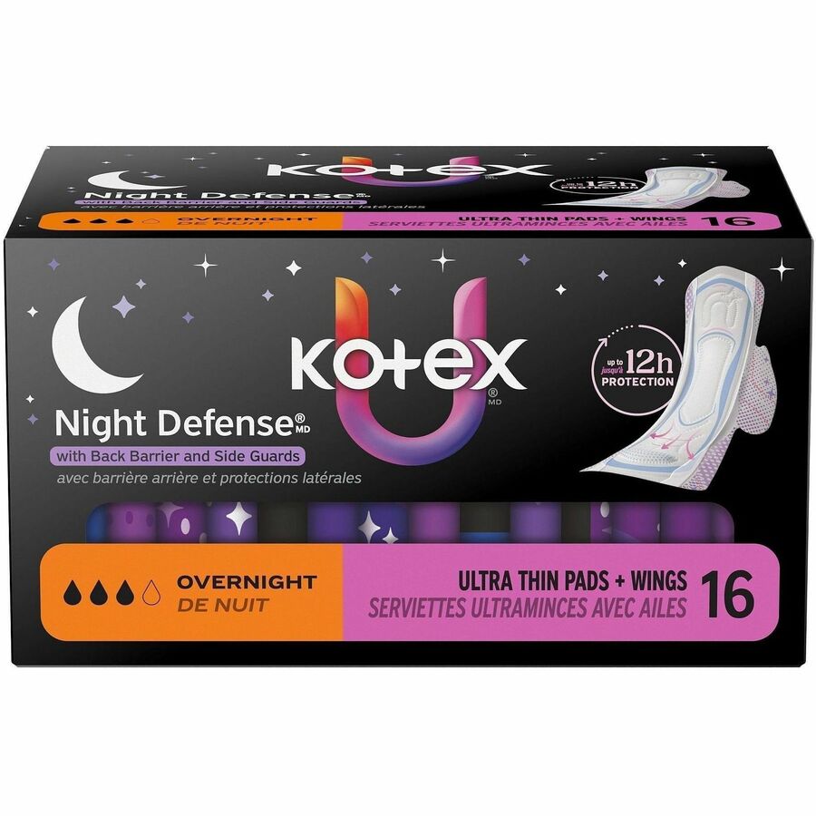 U by Kotex Ultra Thin Overnight Pads - With Wings - Overnight - Absorbent, Anti-leak, Hypoallergenic, Chlorine-free - 16