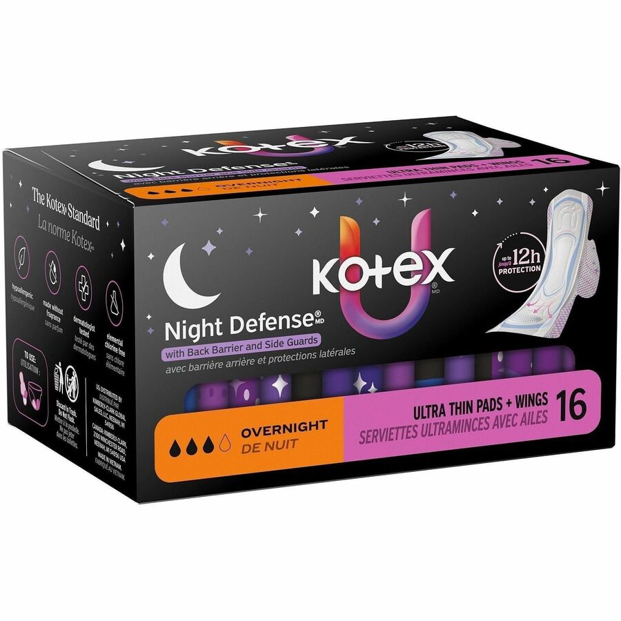 U by Kotex Ultra Thin Overnight Pads - With Wings - Overnight - Absorbent, Anti-leak, Hypoallergenic, Chlorine-free - 16