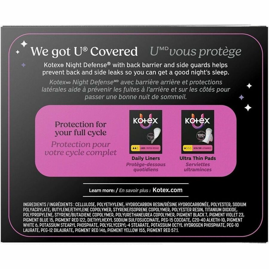 U by Kotex Ultra Thin Overnight Pads - With Wings - Overnight - Absorbent, Anti-leak, Hypoallergenic, Chlorine-free - 16