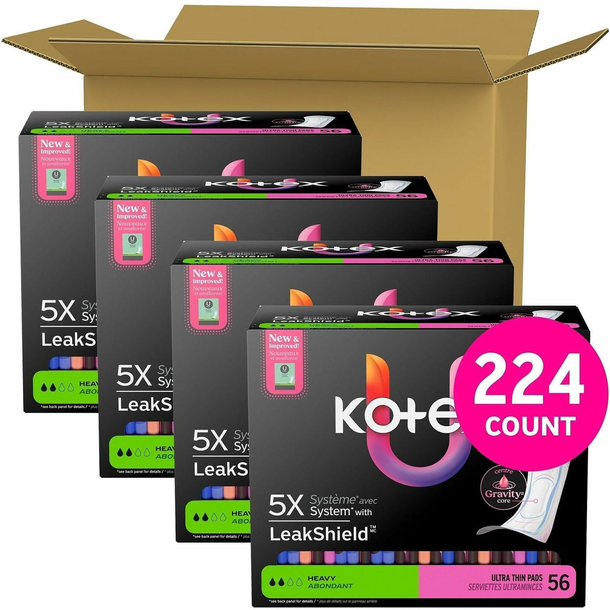 U by Kotex Ultra-Thin Period Pads - Heavy - Absorbent, Anti-leak, Hypoallergenic, Chlorine-free, Comfortable - 56/Box - 