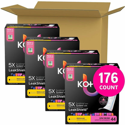 U by Kotex Ultra-Thin Period Pads - Regular - Absorbent, Anti-leak, Hypoallergenic, Chlorine-free, Comfortable - 44/Box 