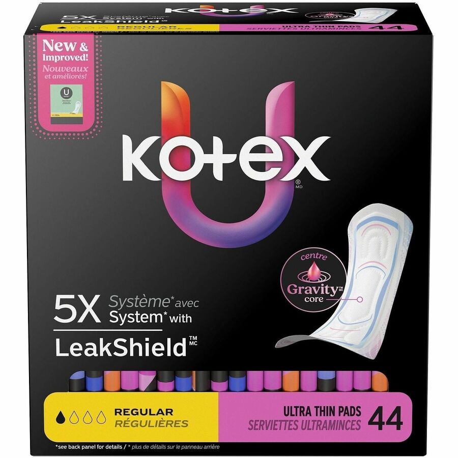 U by Kotex Ultra-Thin Period Pads - Regular - Absorbent, Anti-leak, Hypoallergenic, Chlorine-free, Comfortable - 44/Box 