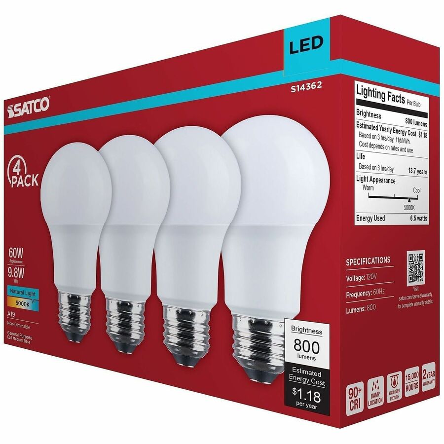 Satco 9.8W A19 LED Frosted Bulbs - 9.80 W - 60 W Incandescent Equivalent Wattage - 120 V AC - 800 lm - A19 Size - Froste
