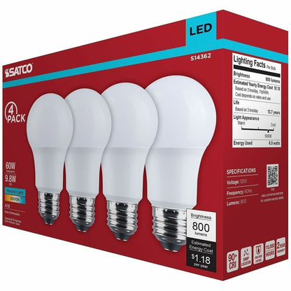 Satco 9.8W A19 LED Frosted Bulbs - 9.80 W - 60 W Incandescent Equivalent Wattage - 120 V AC - 800 lm - A19 Size - Froste