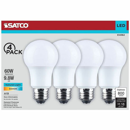 Satco 9.8W A19 LED Frosted Bulbs - 9.80 W - 60 W Incandescent Equivalent Wattage - 120 V AC - 800 lm - A19 Size - Froste