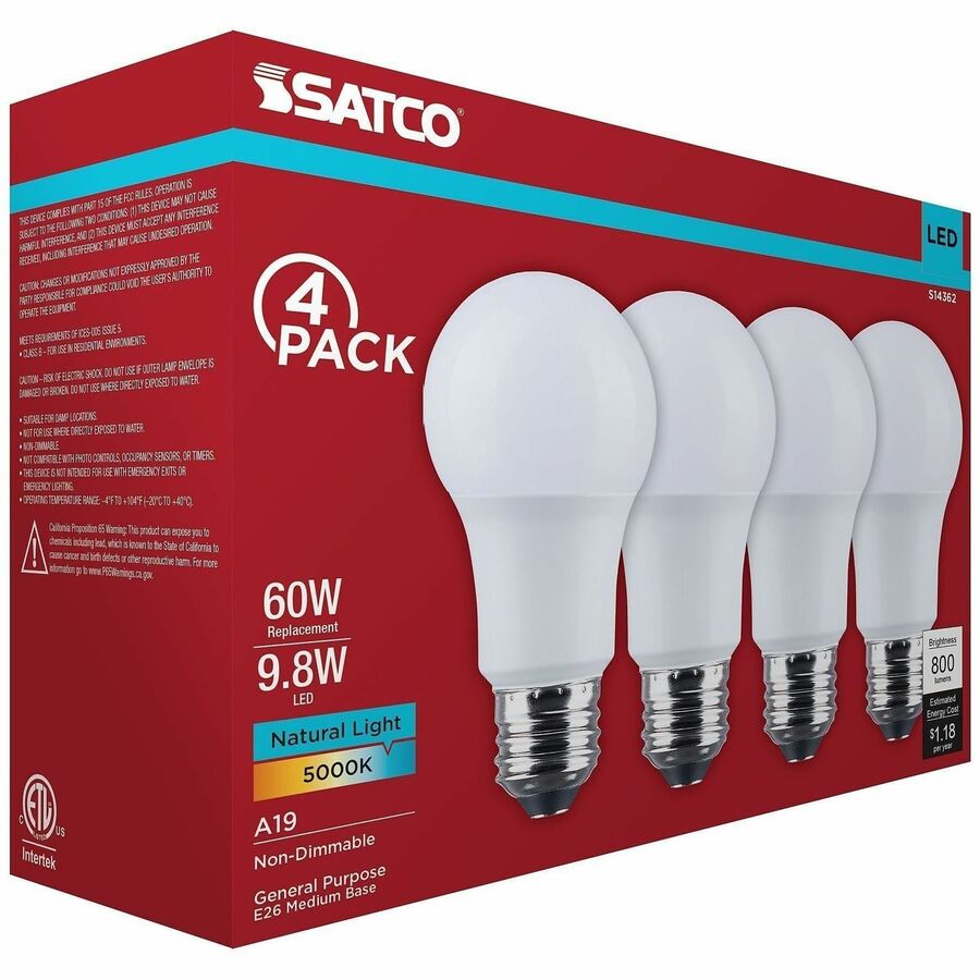 Satco 9.8W A19 LED Frosted Bulbs - 9.80 W - 60 W Incandescent Equivalent Wattage - 120 V AC - 800 lm - A19 Size - Froste
