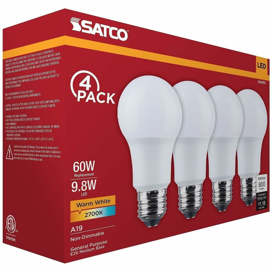 Satco 9.8W A19 LED Frosted Bulbs - 9.80 W - 60 W Incandescent Equivalent Wattage - 120 V AC - 800 lm - A19 Size - Froste