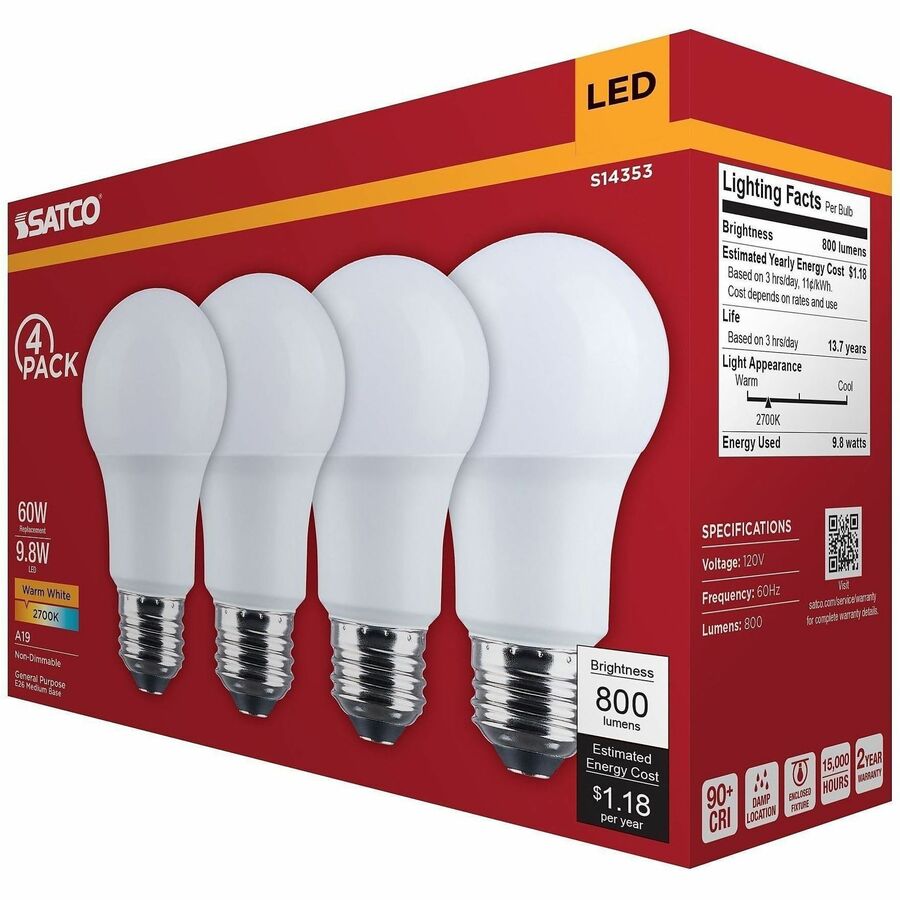 Satco 9.8W A19 LED Frosted Bulbs - 9.80 W - 60 W Incandescent Equivalent Wattage - 120 V AC - 800 lm - A19 Size - Froste