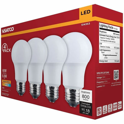Satco 9.8W A19 LED Frosted Bulbs - 9.80 W - 60 W Incandescent Equivalent Wattage - 120 V AC - 800 lm - A19 Size - Froste
