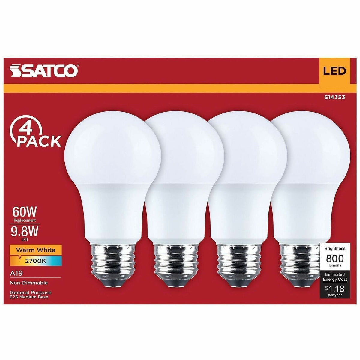 Satco 9.8W A19 LED Frosted Bulbs - 9.80 W - 60 W Incandescent Equivalent Wattage - 120 V AC - 800 lm - A19 Size - Froste