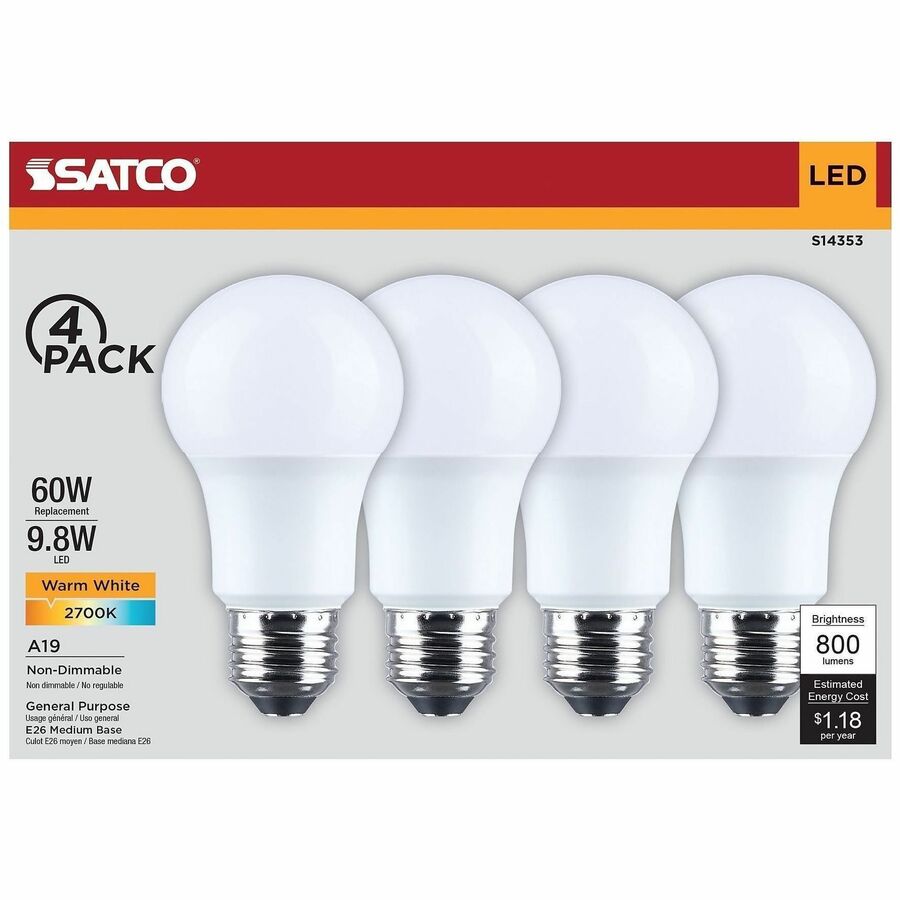 Satco 9.8W A19 LED Frosted Bulbs - 9.80 W - 60 W Incandescent Equivalent Wattage - 120 V AC - 800 lm - A19 Size - Froste