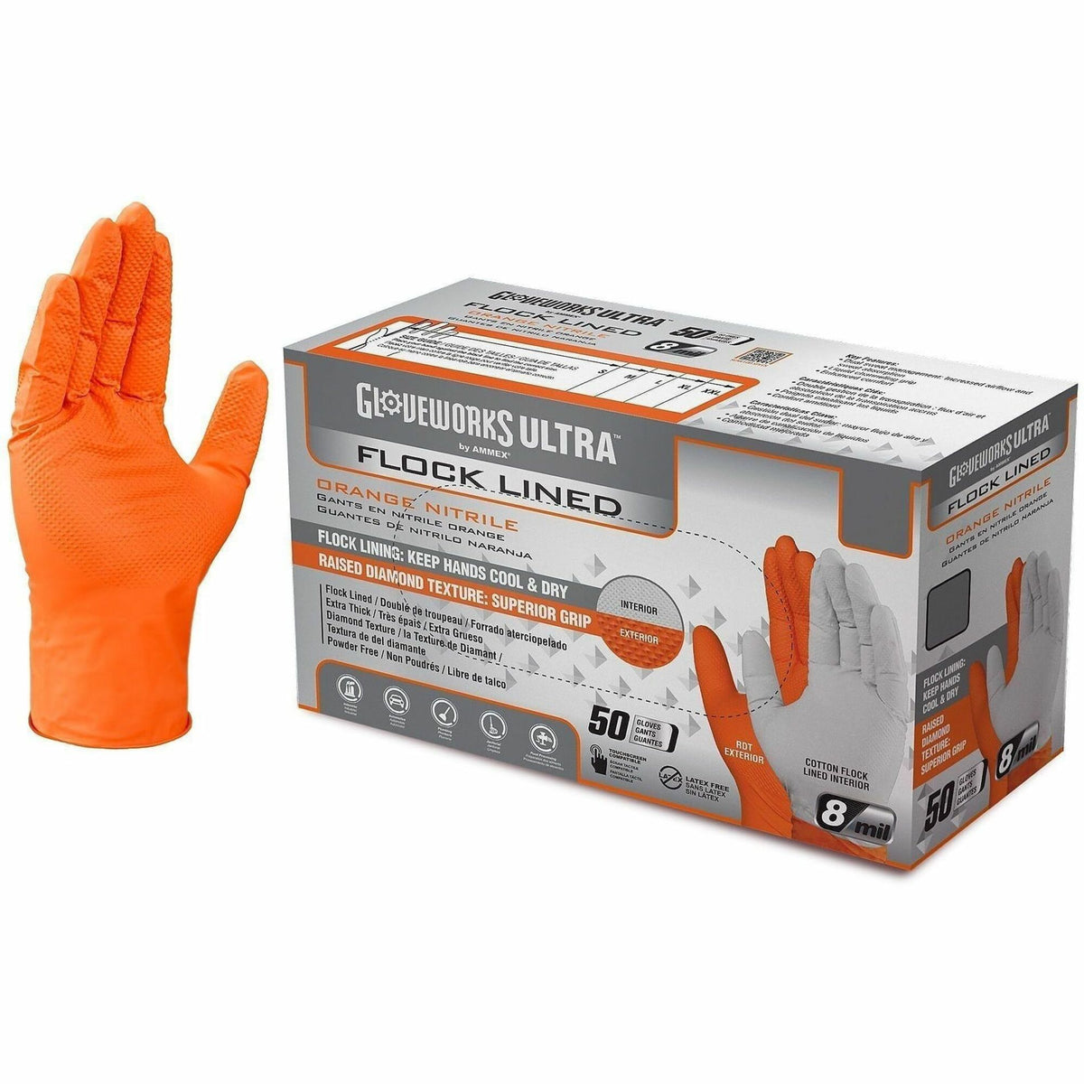 Gloveworks ULTRA RDT Flock-Lined PF Nitrile Gloves - 6 mil Thickness x 9.06" Glove Length - Chemical Protection - Polyme