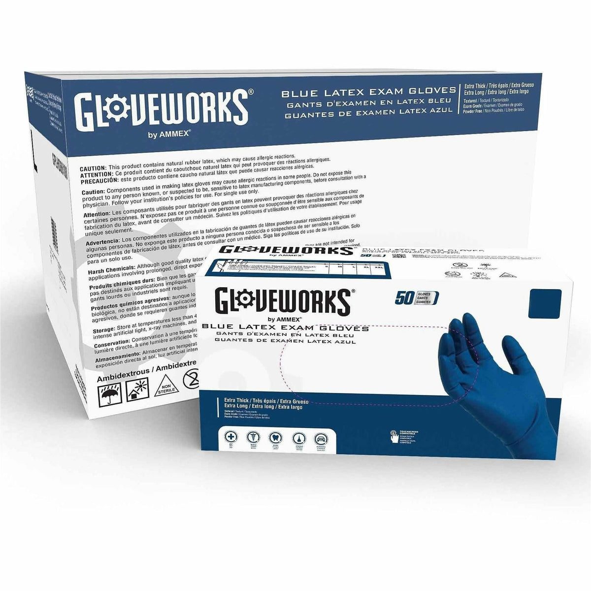 Gloveworks Blue HD Latex Powder-Free Exam Gloves - 13 mil Thickness x 11.61" Glove Length - 10 / Carton
