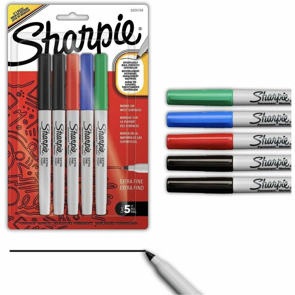 Sharpie X-fine Point Permanent Marker - Extra Fine, Bold Marker Point - Assorted Ink - Plastic Barrel - Multipurpose - 5