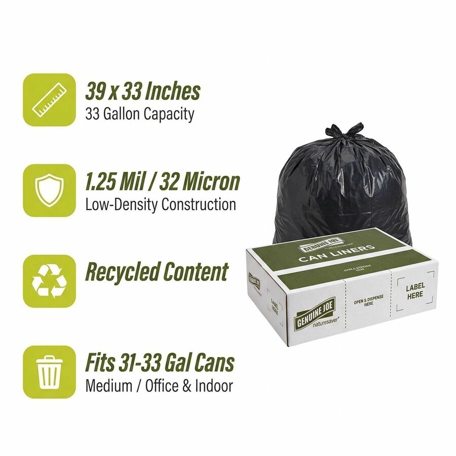 Nature Saver Black Low-density Recycled Can Liners - 33 gal Capacity - 49" Length x 33" Width x 1.25 mil (32 Micron) Thi