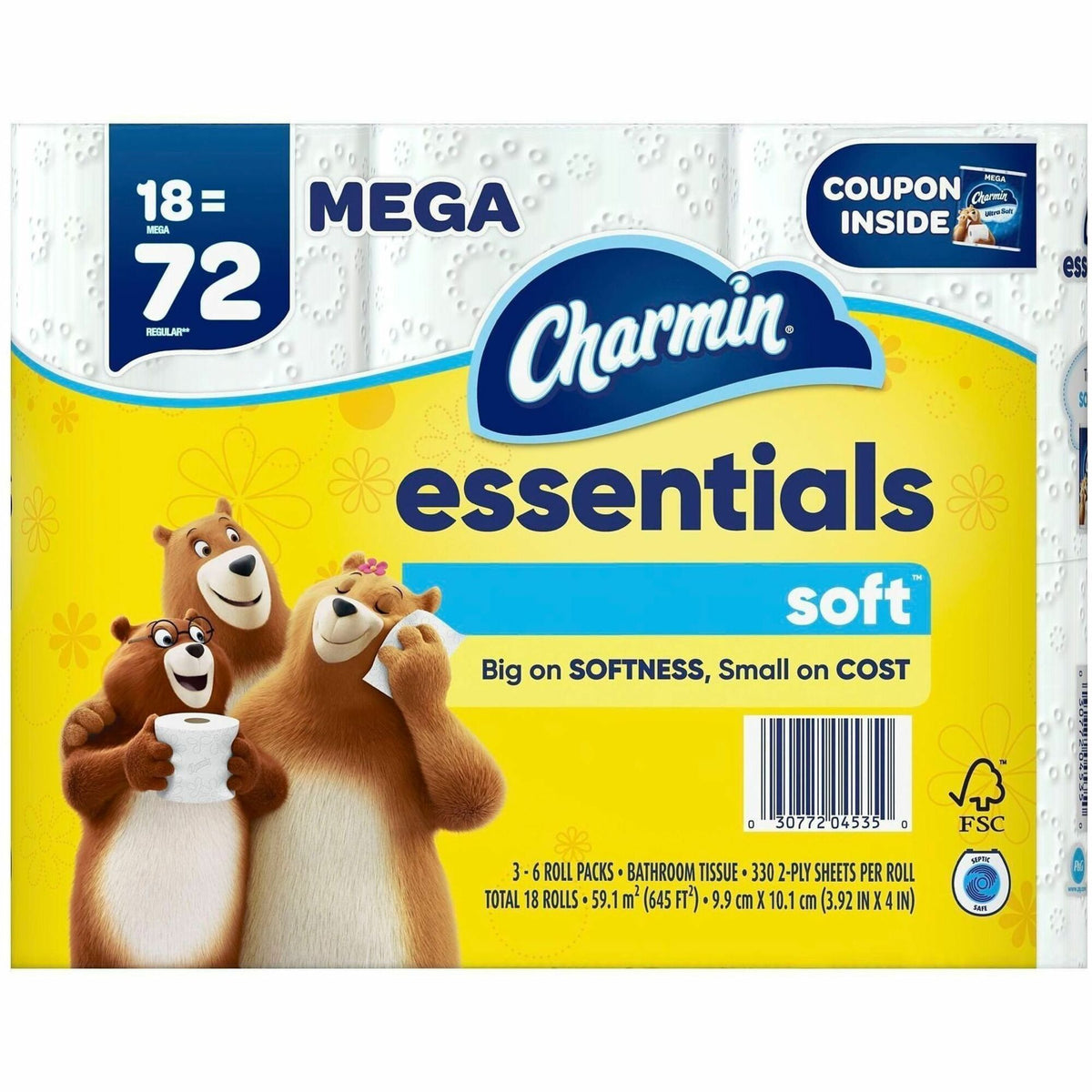 Charmin Essentials Soft Bath Tissue - 2 Ply - Mega - White - Paper - 18 Roll - 1 Carton
