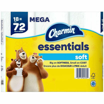 Charmin Essentials Soft Bath Tissue - 2 Ply - Mega - White - Paper - 18 Roll - 1 Carton