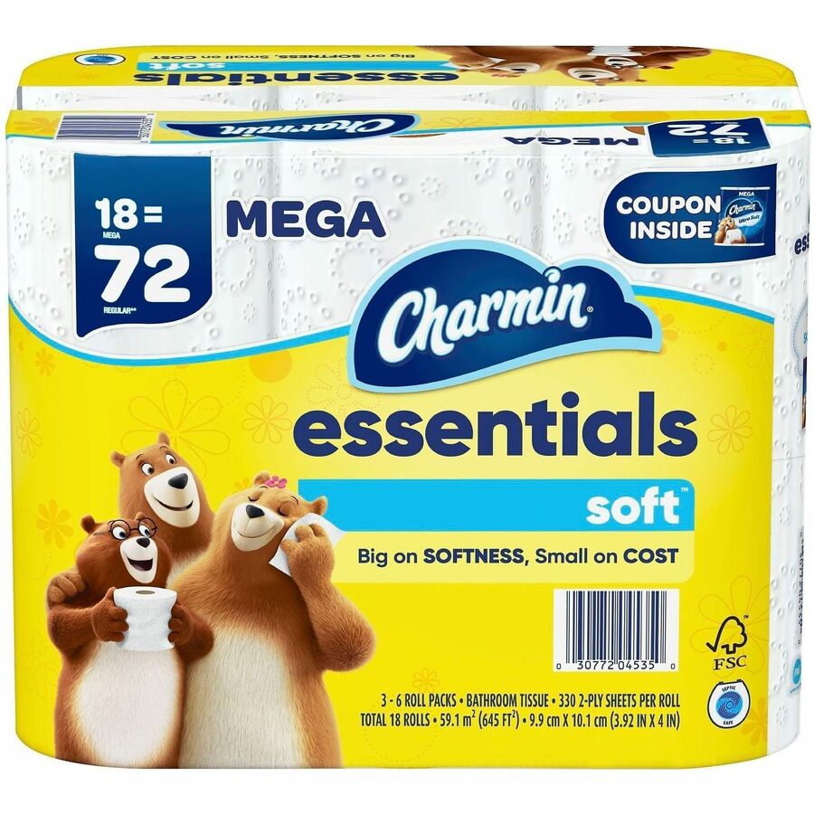 Charmin Essentials Soft Bath Tissue - 2 Ply - Mega - White - Paper - 18 Roll - 1 Carton