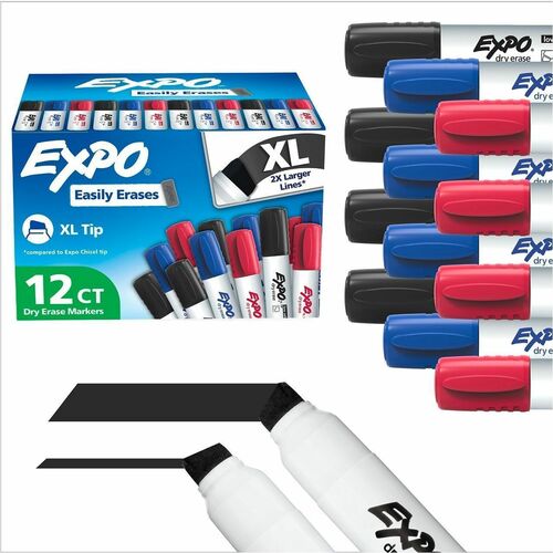 Expo Dry Erase Markers - Extra Wide Chisel Marker Point - Erasable - Black, Blue, Red Ink - Dry - Multipurpose - 12 / Do