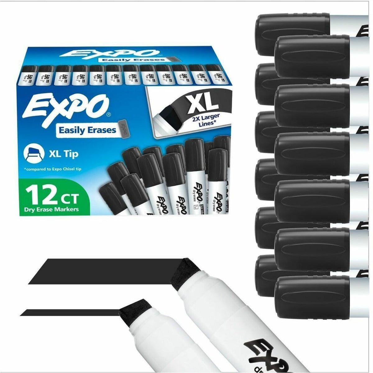 Expo Dry Erase Markers - Extra Wide Chisel Marker Point - Erasable - Black Ink - Dry - Multipurpose - 12 / Dozen