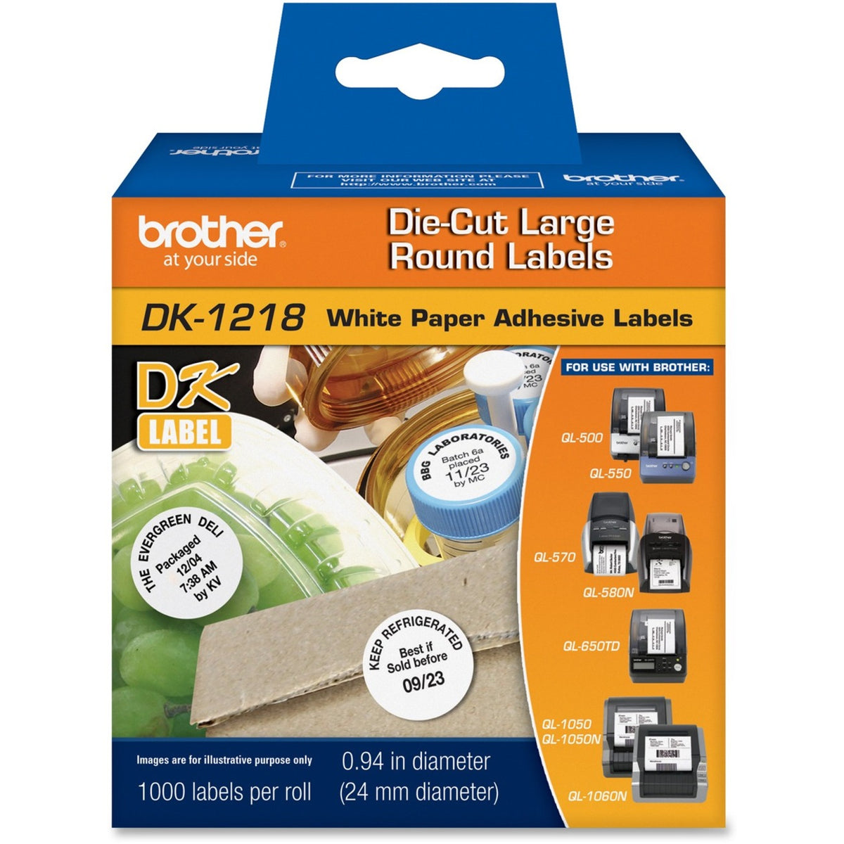 Brother DK1218/1219 Die-Cut Round Labels - 1" Length - Direct Thermal - White - 1000 / Roll - 1 Roll