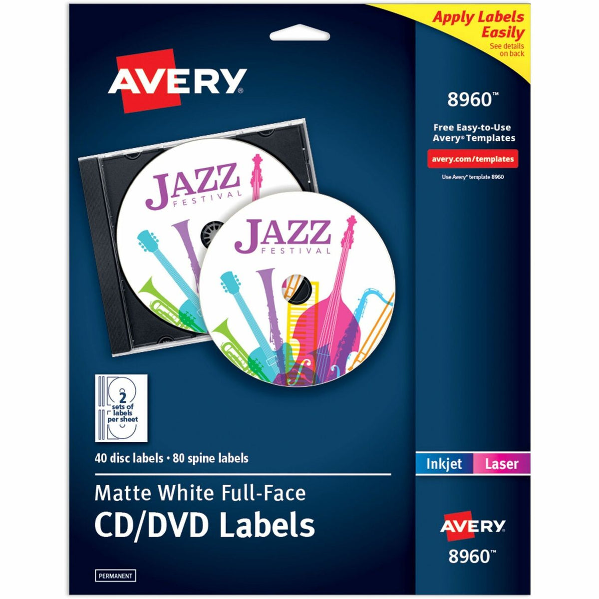 Avery® Optical Disc Label - Permanent Adhesive - Inkjet, Laser - Matte - Matte White - Paper - 2 / Sheet - 20 Total Shee