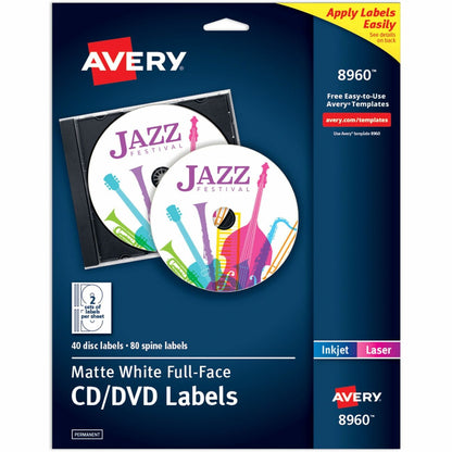 Avery® Optical Disc Label - Permanent Adhesive - Inkjet, Laser - Matte - Matte White - Paper - 2 / Sheet - 20 Total Shee