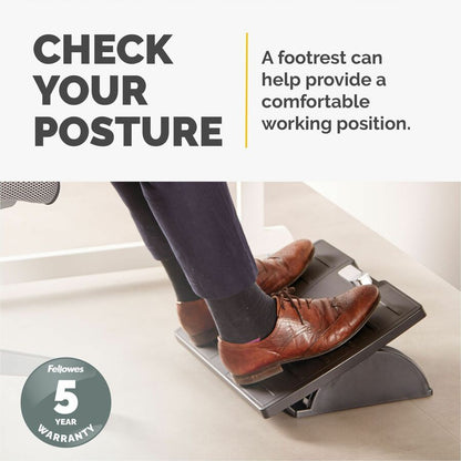 Fellowes Office Suites Adjustable Footrest - 30° Tilt - Black, Silver - Plastic - 1 Each