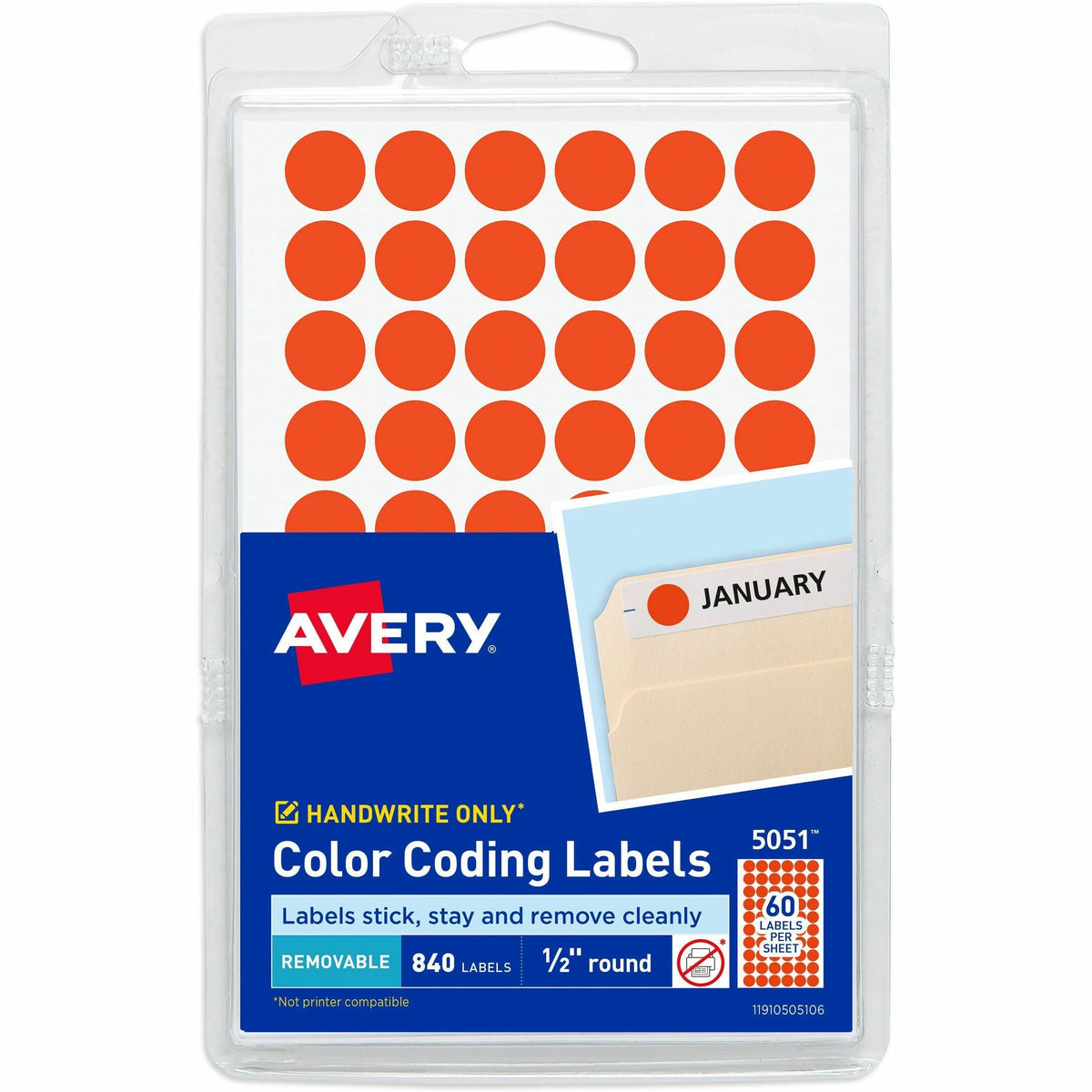 Avery® Color-Coding Labels - 1/2" Diameter - Removable Adhesive - Round - Red - Paper - 60 / Sheet - 840 / Pack