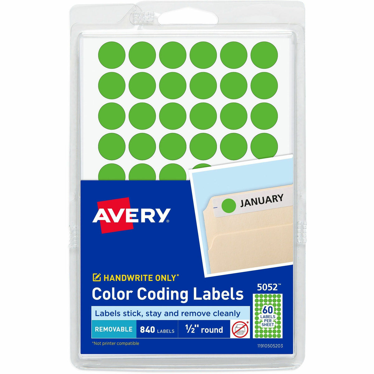 Avery® Color-Coding Labels - 1/2" Diameter - Removable Adhesive - Round - Neon Green - Paper - 60 / Sheet - 840 / Pack