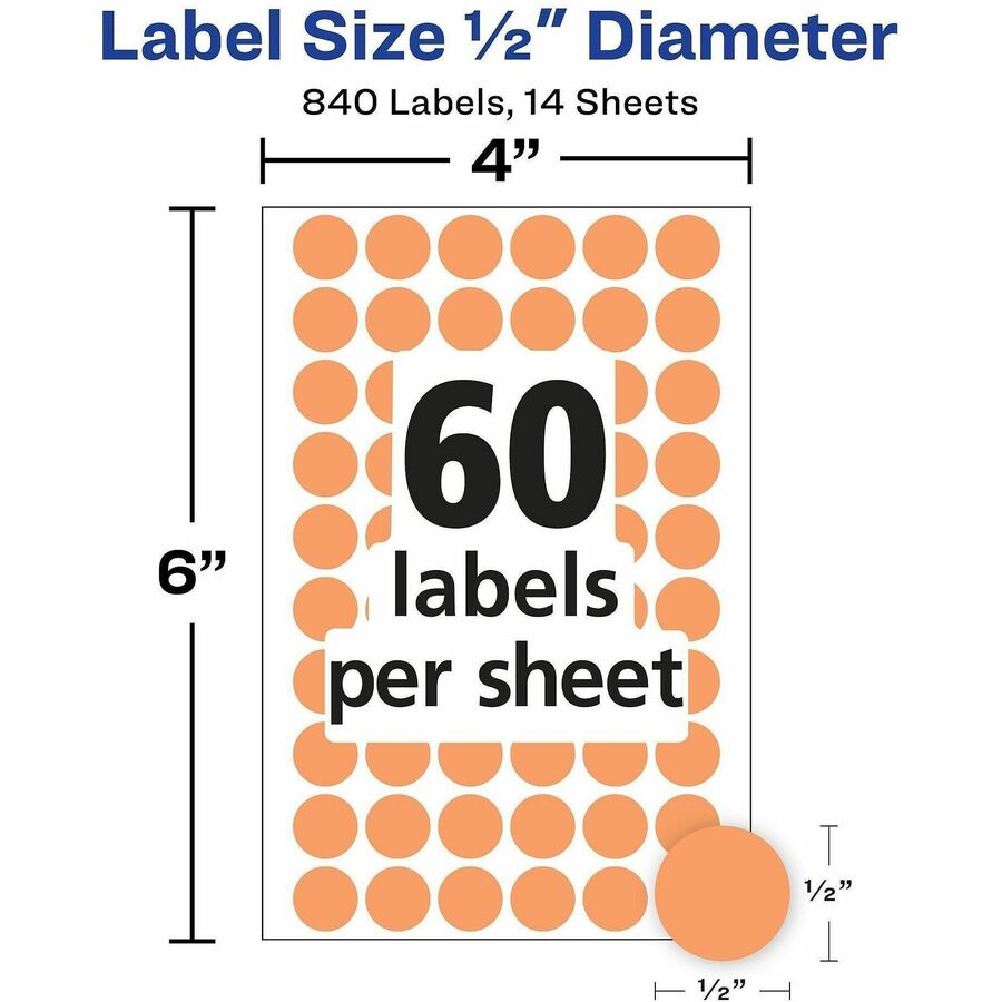 Avery® Color-Coding Labels - 1/2" Diameter - Removable Adhesive - Round - Orange - Paper - 60 / Sheet - 840 / Pack