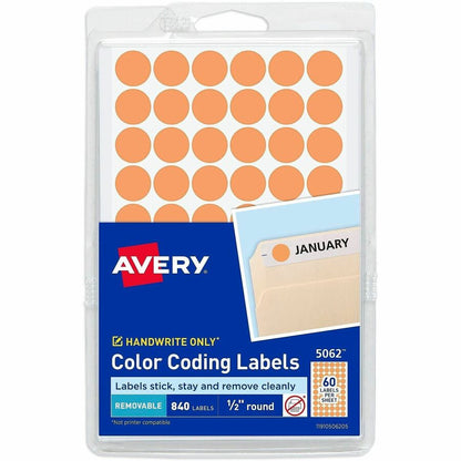 Avery® Color-Coding Labels - 1/2" Diameter - Removable Adhesive - Round - Orange - Paper - 60 / Sheet - 840 / Pack