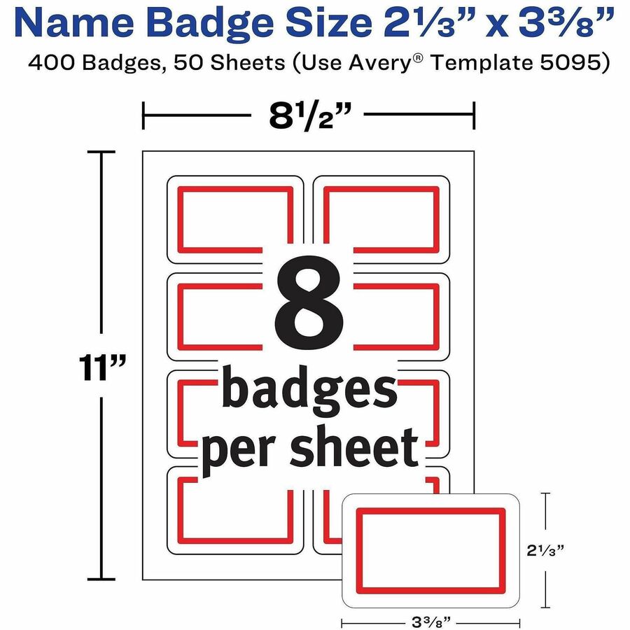 Avery® Name Badge Label - 2 21/64" Width x 3 3/8" Length - Removable Adhesive - Rectangle - Inkjet, Laser - Matte - Whit