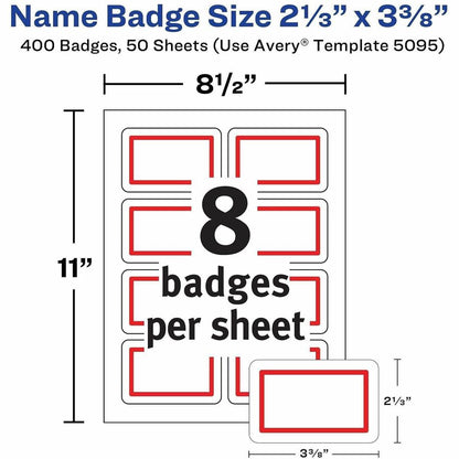 Avery® Name Badge Label - 2 21/64" Width x 3 3/8" Length - Removable Adhesive - Rectangle - Inkjet, Laser - Matte - Whit