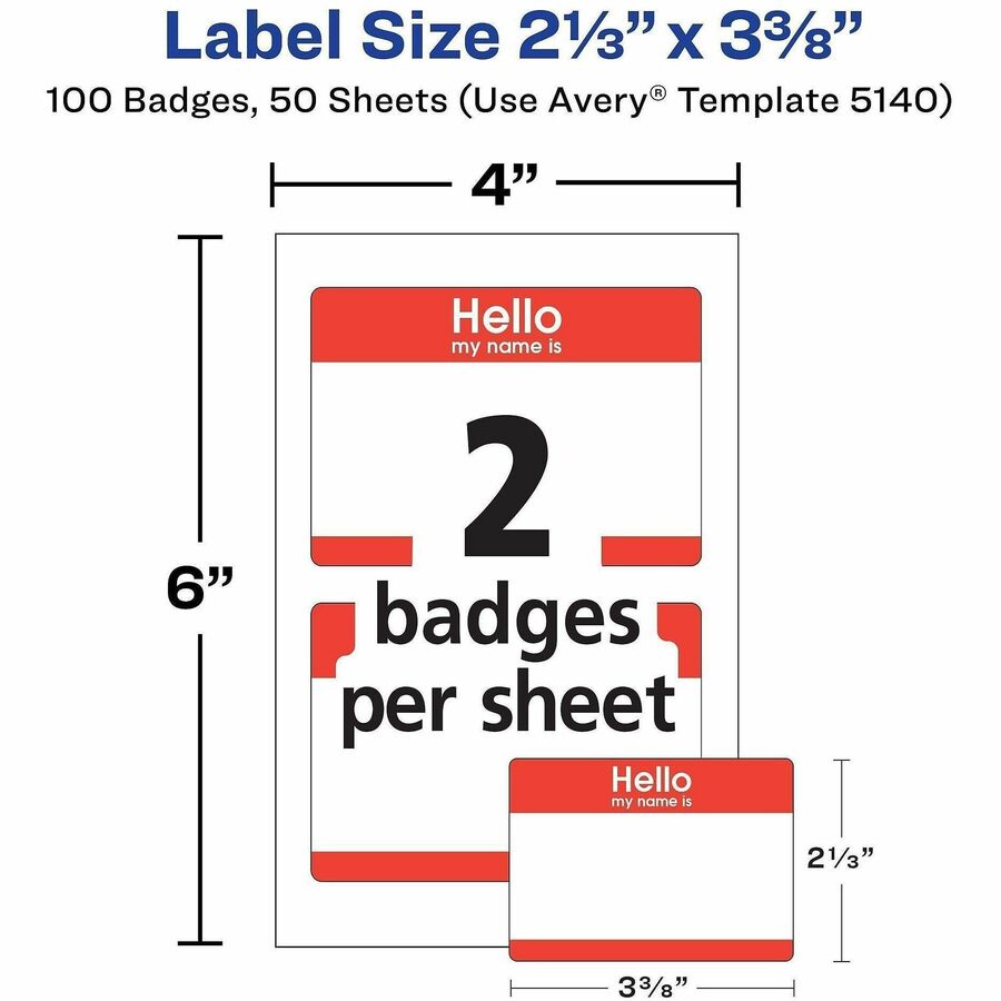 Avery® Border Print/Write Hello Name Badges - Hello My Name Is - 2 21/64" Width x 3 3/8" Length - Removable Adhesive - R
