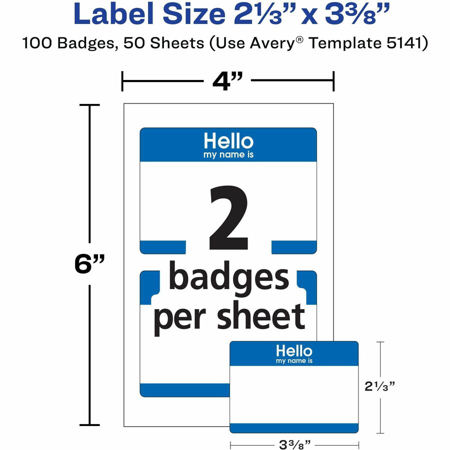 Avery® Border Print/Write Hello Name Badges - Hello My Name Is - 2 21/64" Width x 3 3/8" Length - Removable Adhesive - R