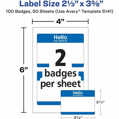 Avery® Border Print/Write Hello Name Badges - Hello My Name Is - 2 21/64" Width x 3 3/8" Length - Removable Adhesive - R