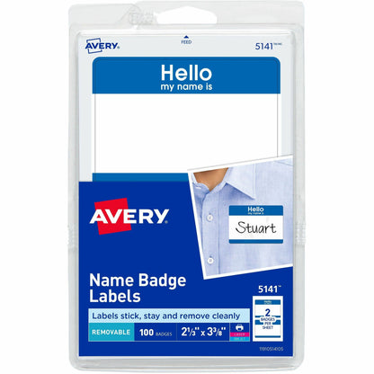 Avery® Border Print/Write Hello Name Badges - Hello My Name Is - 2 21/64" Width x 3 3/8" Length - Removable Adhesive - R