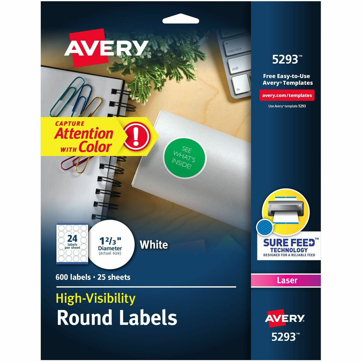 Avery® Round High Visibility Labels - 1 21/32" Diameter - Permanent Adhesive - Round - Laser, Inkjet - White - Paper - 2