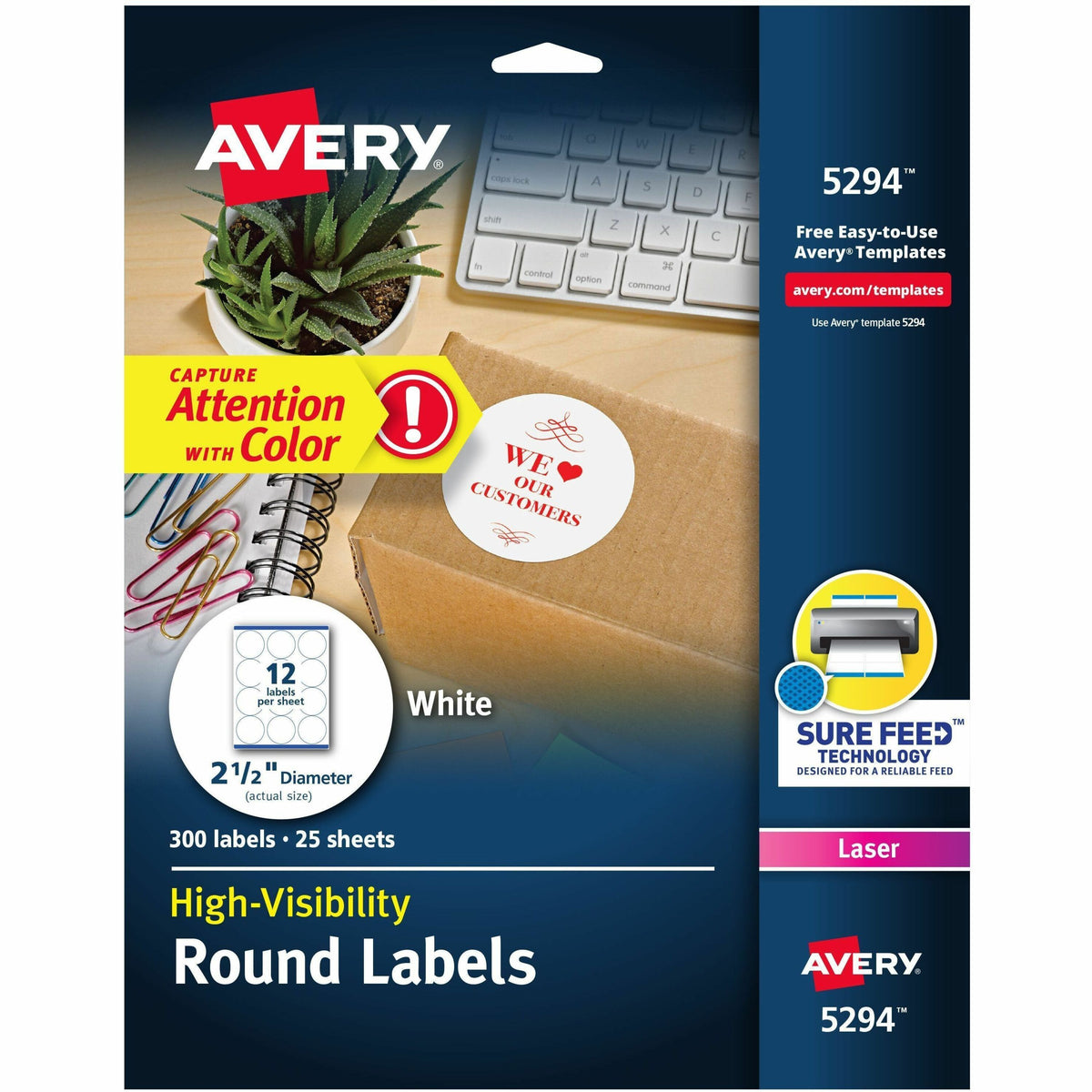 Avery® Round High Visibility Labels - 2 1/2" Diameter - Permanent Adhesive - Round - Laser, Inkjet - Matte - White - Pap