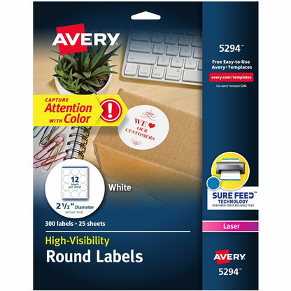 Avery® Round High Visibility Labels - 2 1/2" Diameter - Permanent Adhesive - Round - Laser, Inkjet - Matte - White - Pap