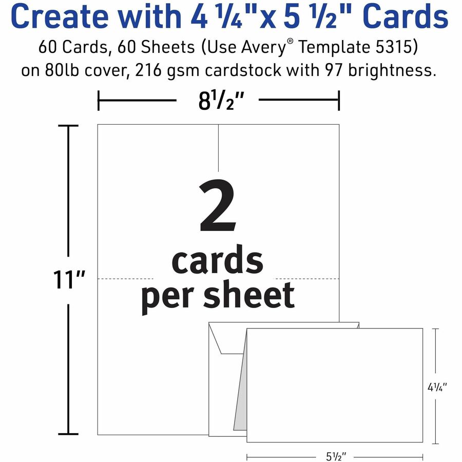 Avery® Printable Note Cards, Two-Sided Printing, 4-1/4" x 5-1/2" , 60 Cards (5315) - 97 Brightness - 4 1/4" x 5 1/2" - 8