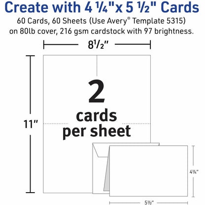 Avery® Printable Note Cards, Two-Sided Printing, 4-1/4" x 5-1/2" , 60 Cards (5315) - 97 Brightness - 4 1/4" x 5 1/2" - 8