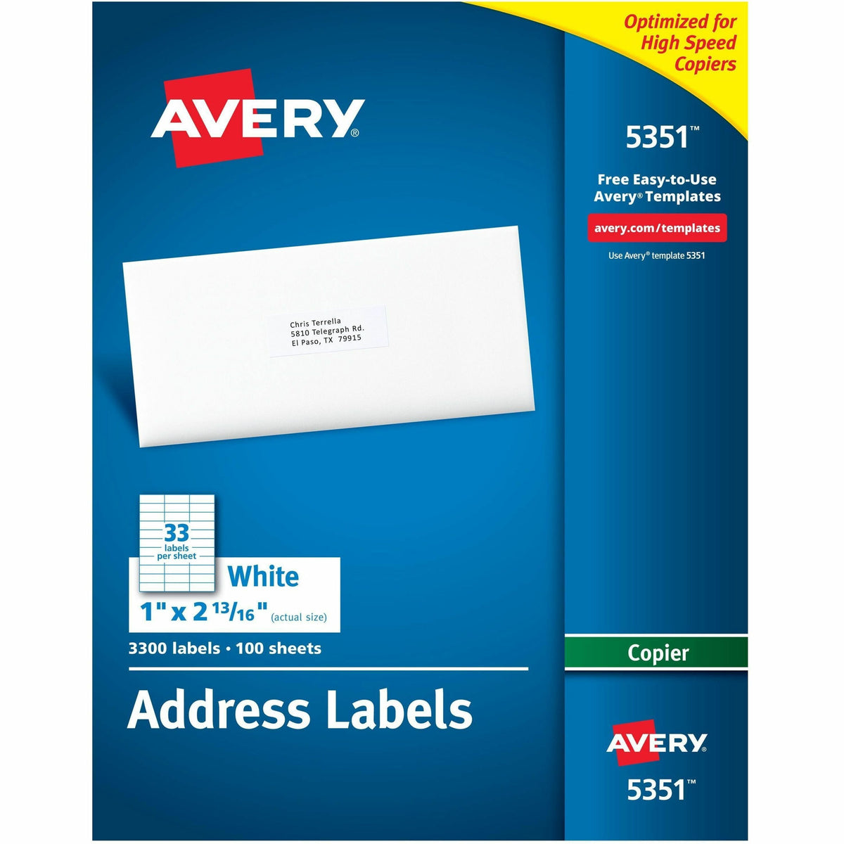 Avery® Copier Address Labels - 1" Width x 2 13/16" Length - Permanent Adhesive - Rectangle - Matte - White - Paper - 33 