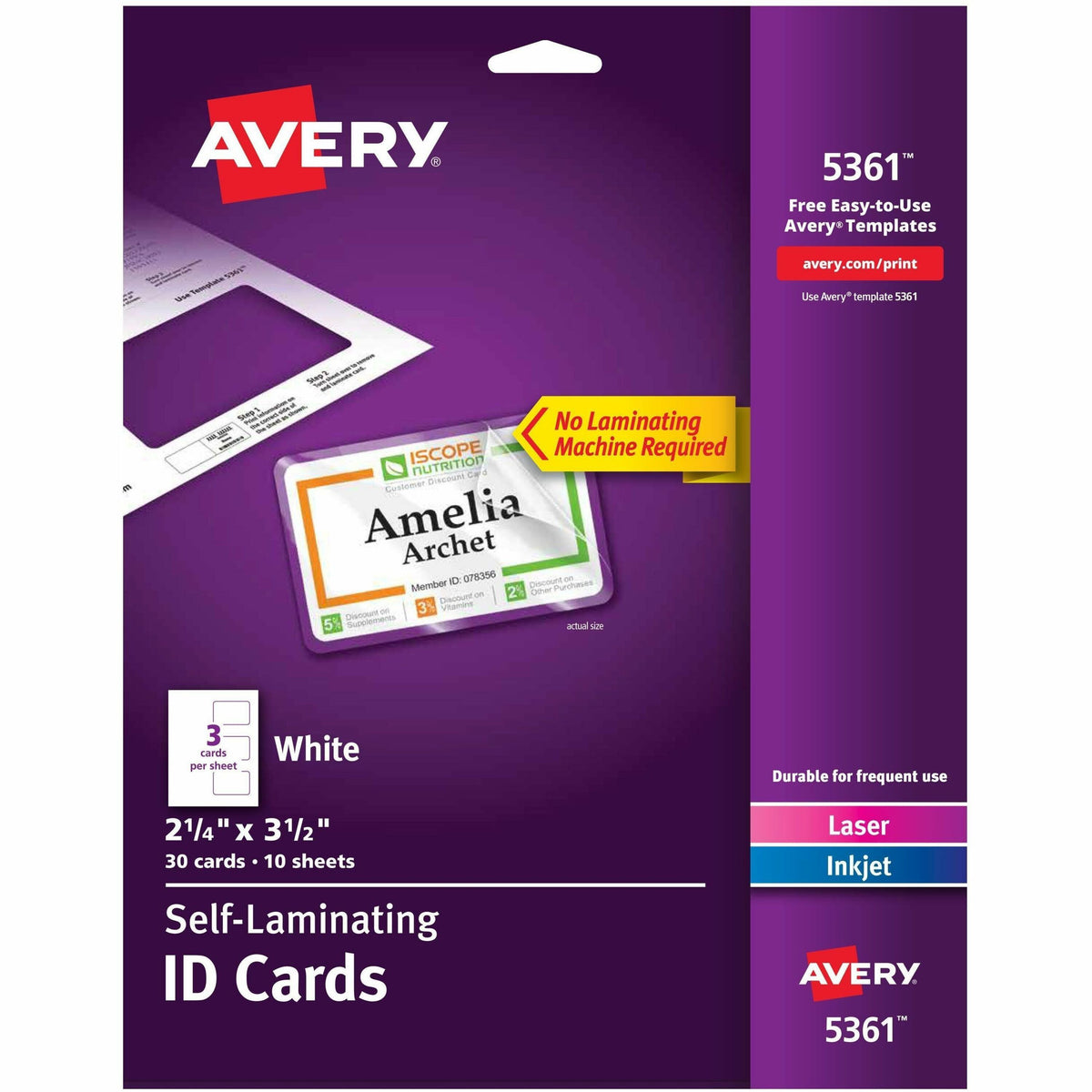Avery® Self-laminating ID Cards - 2" Width x 3.3" Height - Self Sticking - 30 / Box