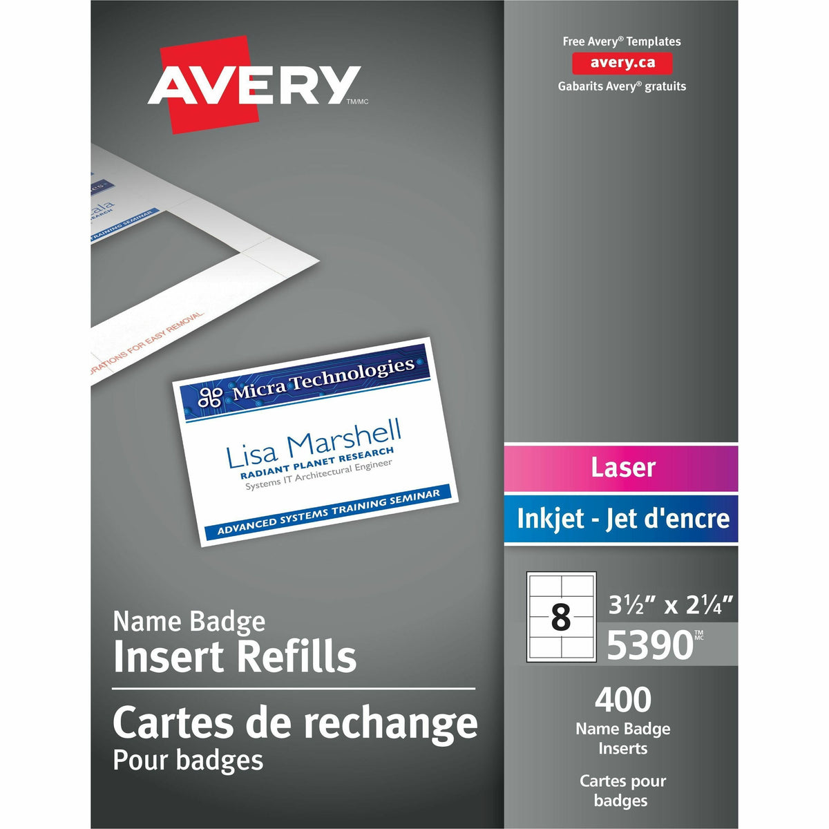 Avery® Name Badge Inserts - Laser, Inkjet - White - 400 / Box
