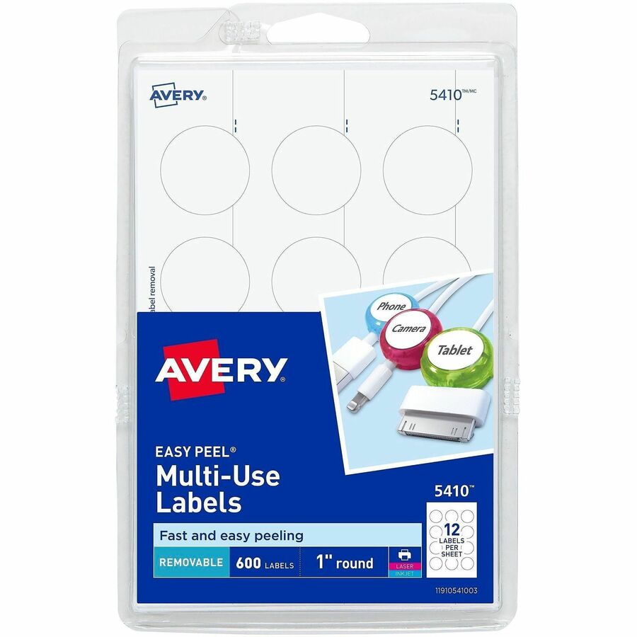 Avery® Removable ID Labels - 1" Diameter - Removable Adhesive - Circle - Inkjet, Laser - White - 600 / Pack