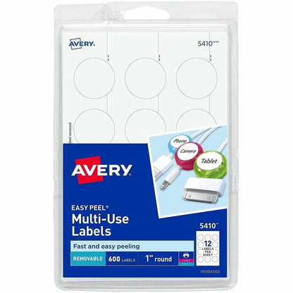 Avery® Removable ID Labels - 1" Diameter - Removable Adhesive - Circle - Inkjet, Laser - White - 600 / Pack